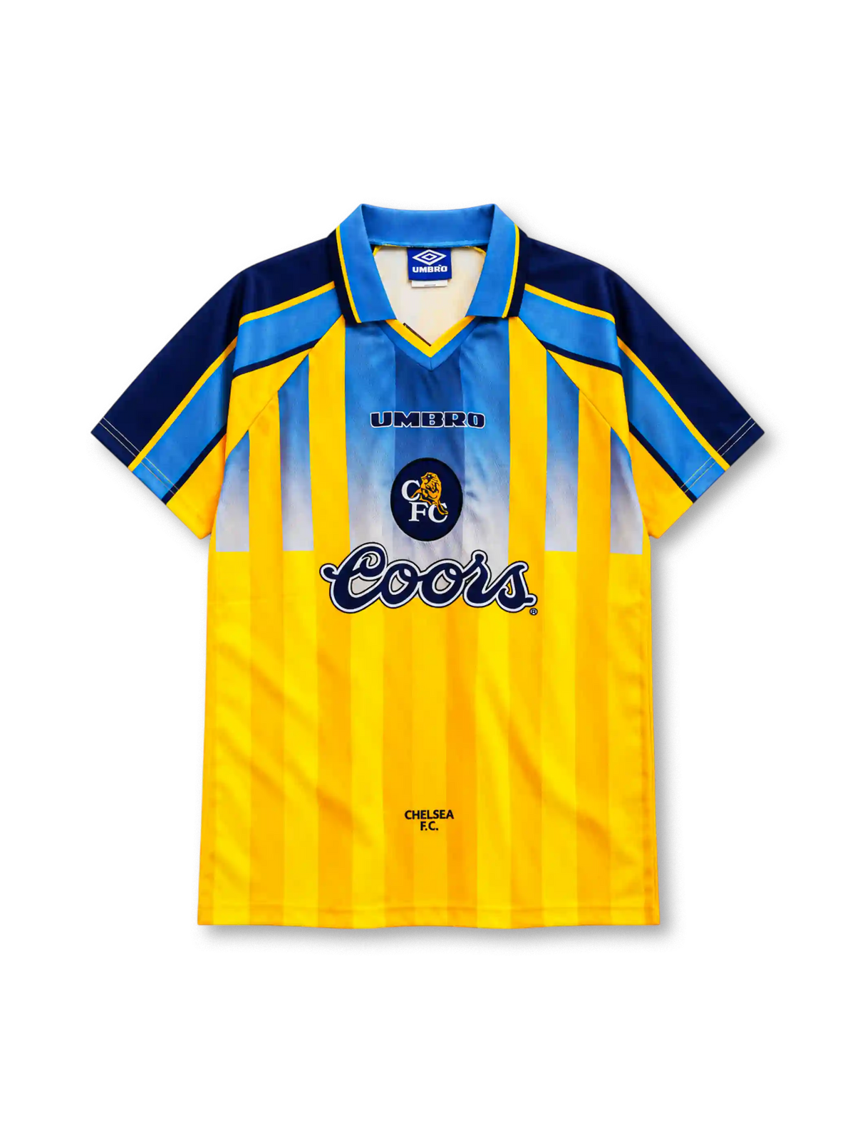 Chelsea 1995-96 away jersey, front view, yellow body with tonal vertical stripes, light blue gradient upper chest panel, navy raglan sleeves with light blue and yellow shoulder bands, light blue polo collar, navy UMBRO wordmark and circular lion crest centred on chest, navy COORS sponsor logo, CHELSEA F.C. text at hem