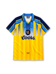 Chelsea 1995-96 away jersey, front view, yellow body with tonal vertical stripes, light blue gradient upper chest panel, navy raglan sleeves with light blue and yellow shoulder bands, light blue polo collar, navy UMBRO wordmark and circular lion crest centred on chest, navy COORS sponsor logo, CHELSEA F.C. text at hem