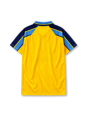 Chelsea 1995-96 away jersey, front view, yellow body with tonal vertical stripes, light blue gradient upper chest panel, navy raglan sleeves with light blue and yellow shoulder bands, light blue polo collar, navy UMBRO wordmark and circular lion crest centred on chest, navy COORS sponsor logo, CHELSEA F.C. text at hem