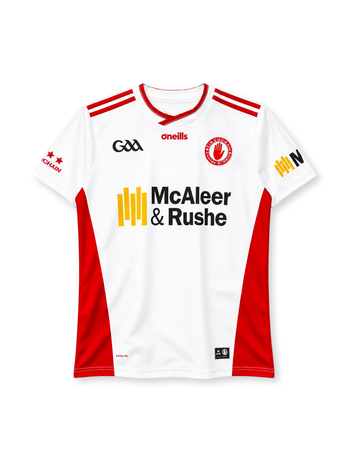 Tyrone 2024 home jersey, front view, white body, red crossover V-neck collar, red stripes on shoulders, red side panels, GAA logo on right chest, O'Neills wordmark centred, Tyrone red hand county crest on left chest, McAleer & Rushe sponsor logo, red stars on right sleeve, KOOLITE print at hem