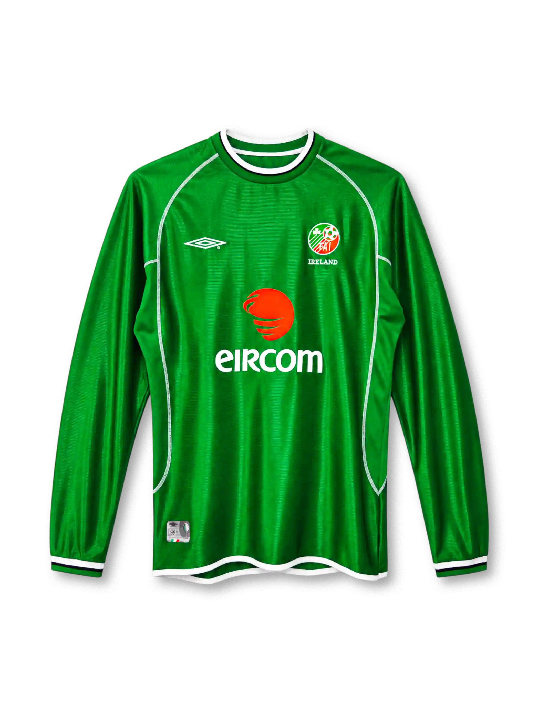 Republic of Ireland 2002 home long sleeve jersey, front view, green ribbed body, green crew neck with white and navy stripes, white raglan piping, long sleeves with striped cuffs, white Umbro logo on right chest, FAI crest with IRELAND text on left chest, EIRCOM sponsor logo, white hem binding