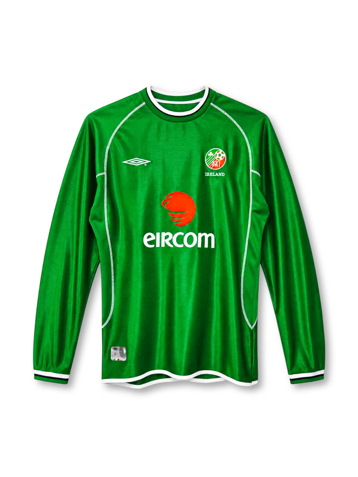 Republic of Ireland 2002 home long sleeve jersey, front view, green ribbed body, green crew neck with white and navy stripes, white raglan piping, long sleeves with striped cuffs, white Umbro logo on right chest, FAI crest with IRELAND text on left chest, EIRCOM sponsor logo, white hem binding