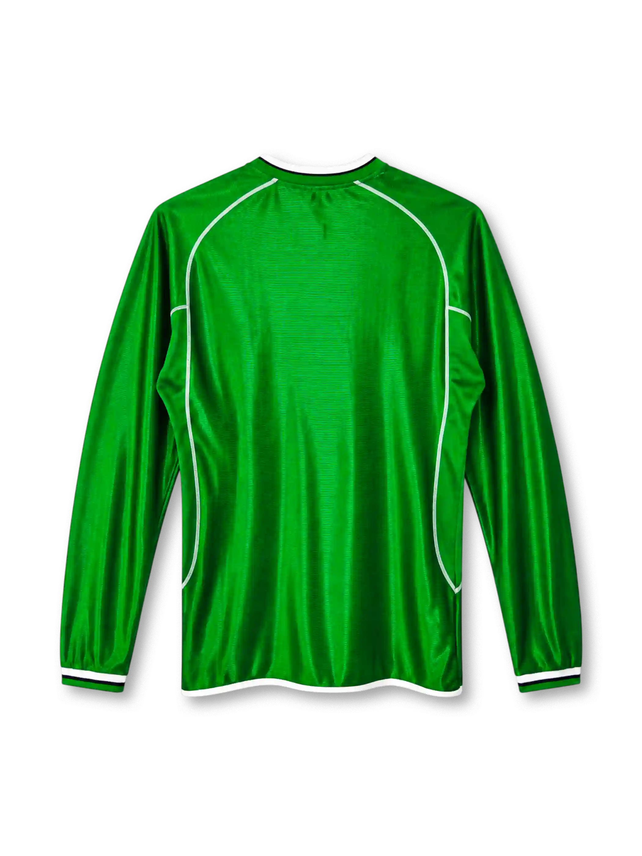 Republic of Ireland 2002 home long sleeve jersey, front view, green ribbed body, green crew neck with white and navy stripes, white raglan piping, long sleeves with striped cuffs, white Umbro logo on right chest, FAI crest with IRELAND text on left chest, EIRCOM sponsor logo, white hem binding