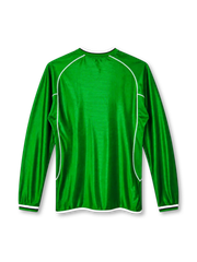 Republic of Ireland 2002 home long sleeve jersey, front view, green ribbed body, green crew neck with white and navy stripes, white raglan piping, long sleeves with striped cuffs, white Umbro logo on right chest, FAI crest with IRELAND text on left chest, EIRCOM sponsor logo, white hem binding
