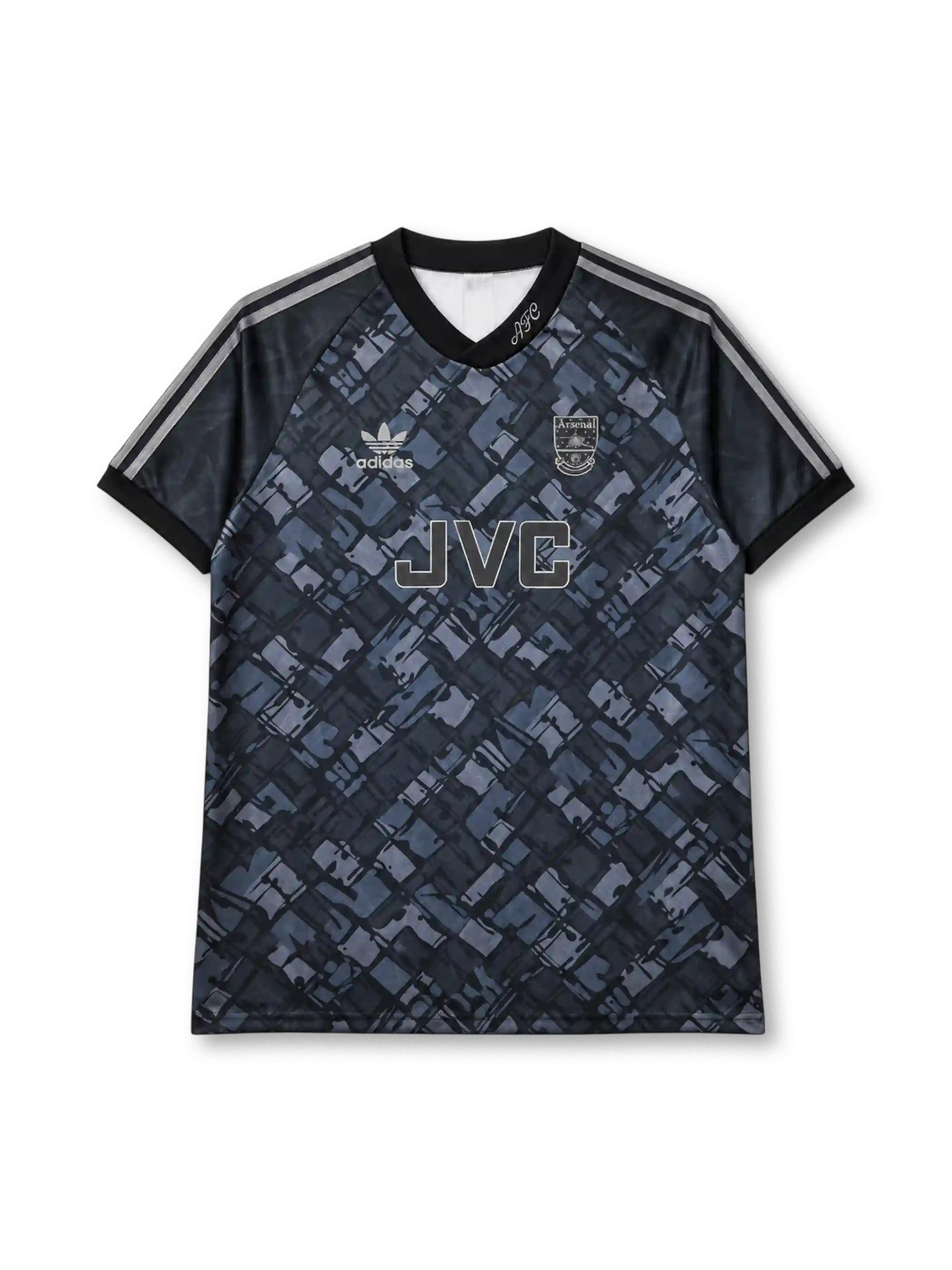 Arsenal 1990-92 away jersey, front view, dark charcoal body with diagonal blue-grey abstract pattern, black V-neck collar with AFC script, black sleeves with three grey stripes, grey adidas trefoil logo on right chest, monochrome Arsenal cannon crest on left chest, JVC sponsor lettering, black ribbed cuffs