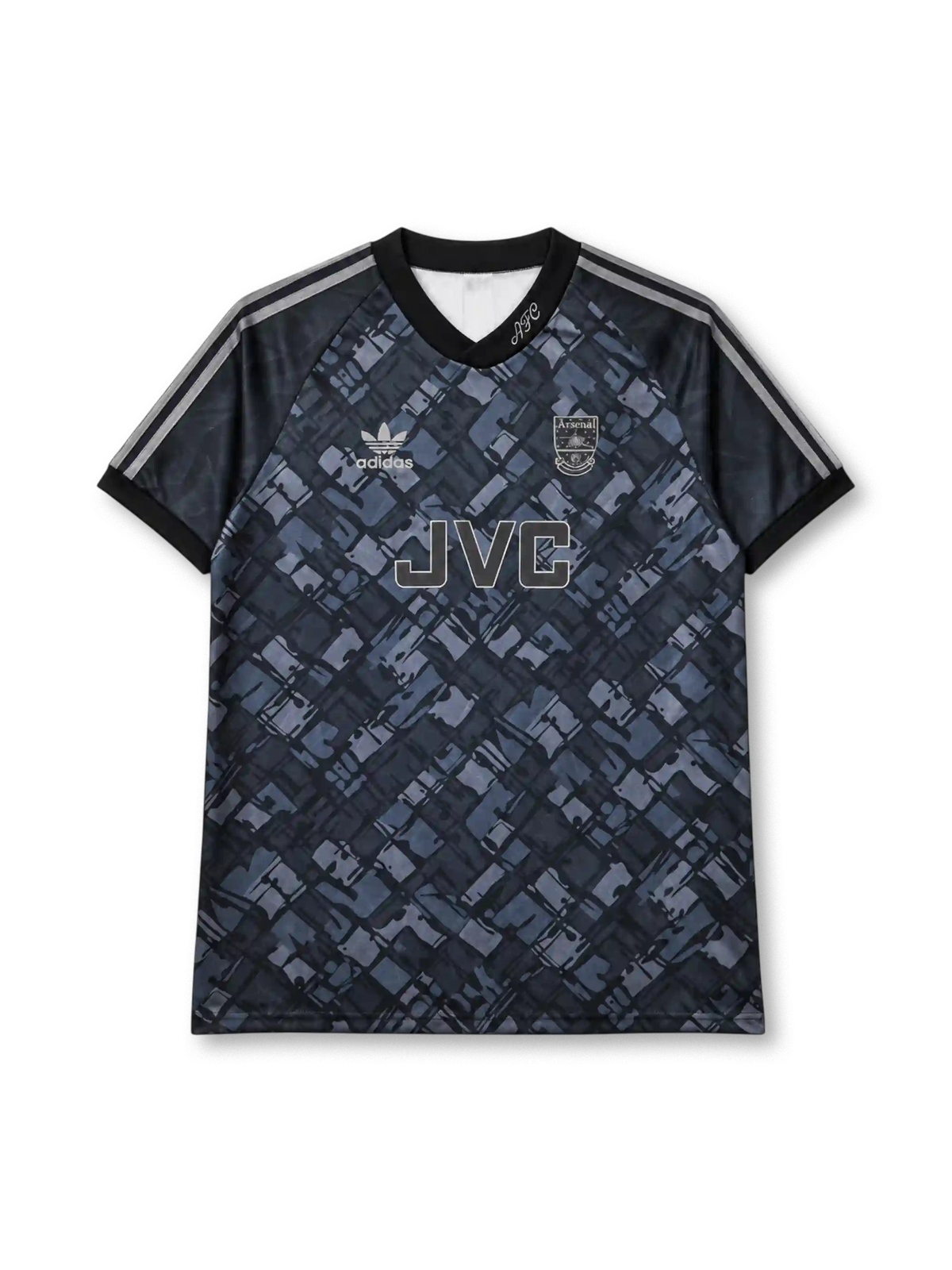 Arsenal 1990-92 away jersey, front view, dark charcoal body with diagonal blue-grey abstract pattern, black V-neck collar with AFC script, black sleeves with three grey stripes, grey adidas trefoil logo on right chest, monochrome Arsenal cannon crest on left chest, JVC sponsor lettering, black ribbed cuffs