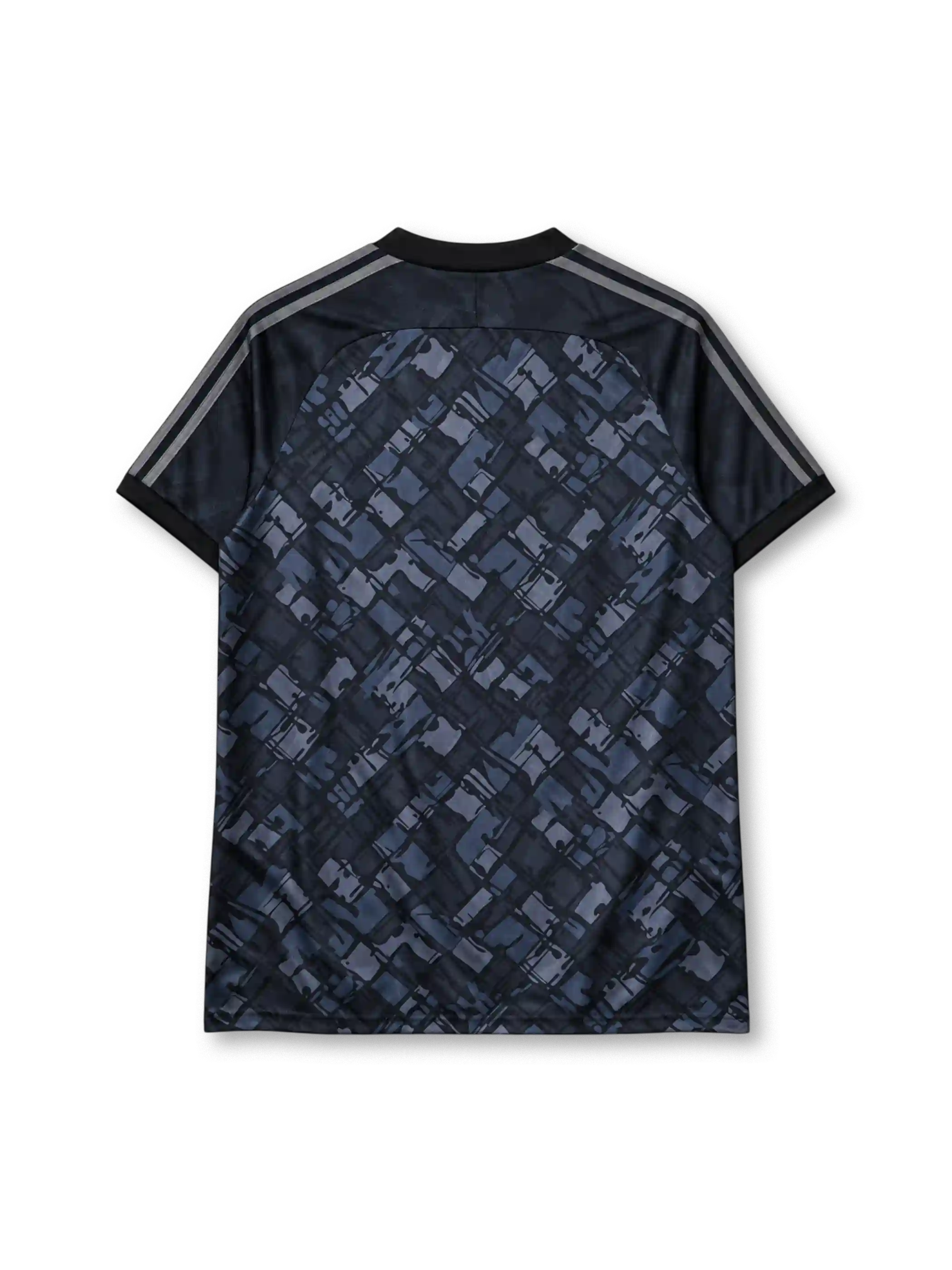 Arsenal 1990-92 away jersey, front view, dark charcoal body with diagonal blue-grey abstract pattern, black V-neck collar with AFC script, black sleeves with three grey stripes, grey adidas trefoil logo on right chest, monochrome Arsenal cannon crest on left chest, JVC sponsor lettering, black ribbed cuffs