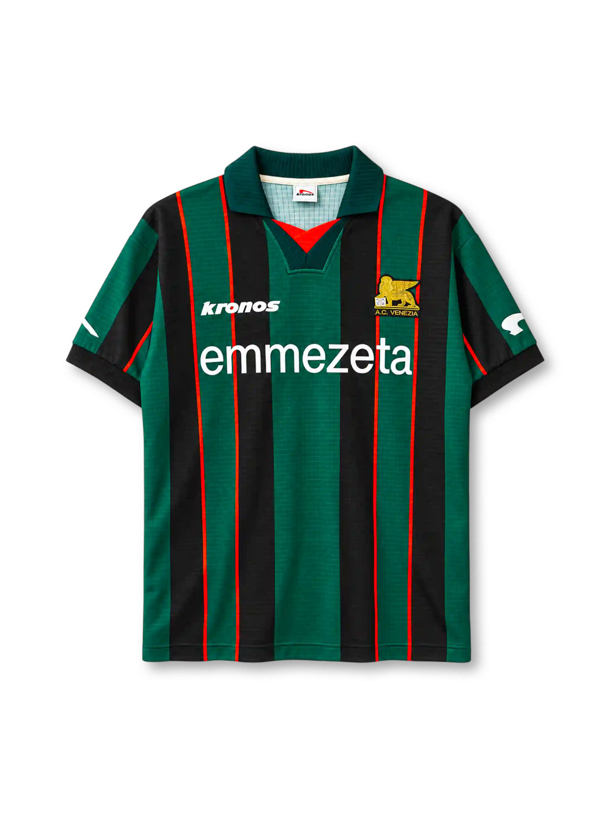 Venezia 1999-00 home jersey, front view, green and black vertical stripes with orange-red pinstripes, dark green polo collar with orange V insert, white KRONOS wordmark on right chest, gold winged lion A.C. VENEZIA crest on left chest, white EMMEZETA sponsor logo, Kronos logos on sleeves, black cuffs