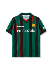 Venezia 1999-00 home jersey, front view, green and black vertical stripes with orange-red pinstripes, dark green polo collar with orange V insert, white KRONOS wordmark on right chest, gold winged lion A.C. VENEZIA crest on left chest, white EMMEZETA sponsor logo, Kronos logos on sleeves, black cuffs