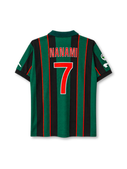 Venezia 1999-00 home jersey, front view, green and black vertical stripes with orange-red pinstripes, dark green polo collar with orange V insert, white KRONOS wordmark on right chest, gold winged lion A.C. VENEZIA crest on left chest, white EMMEZETA sponsor logo, Kronos logos on sleeves, black cuffs