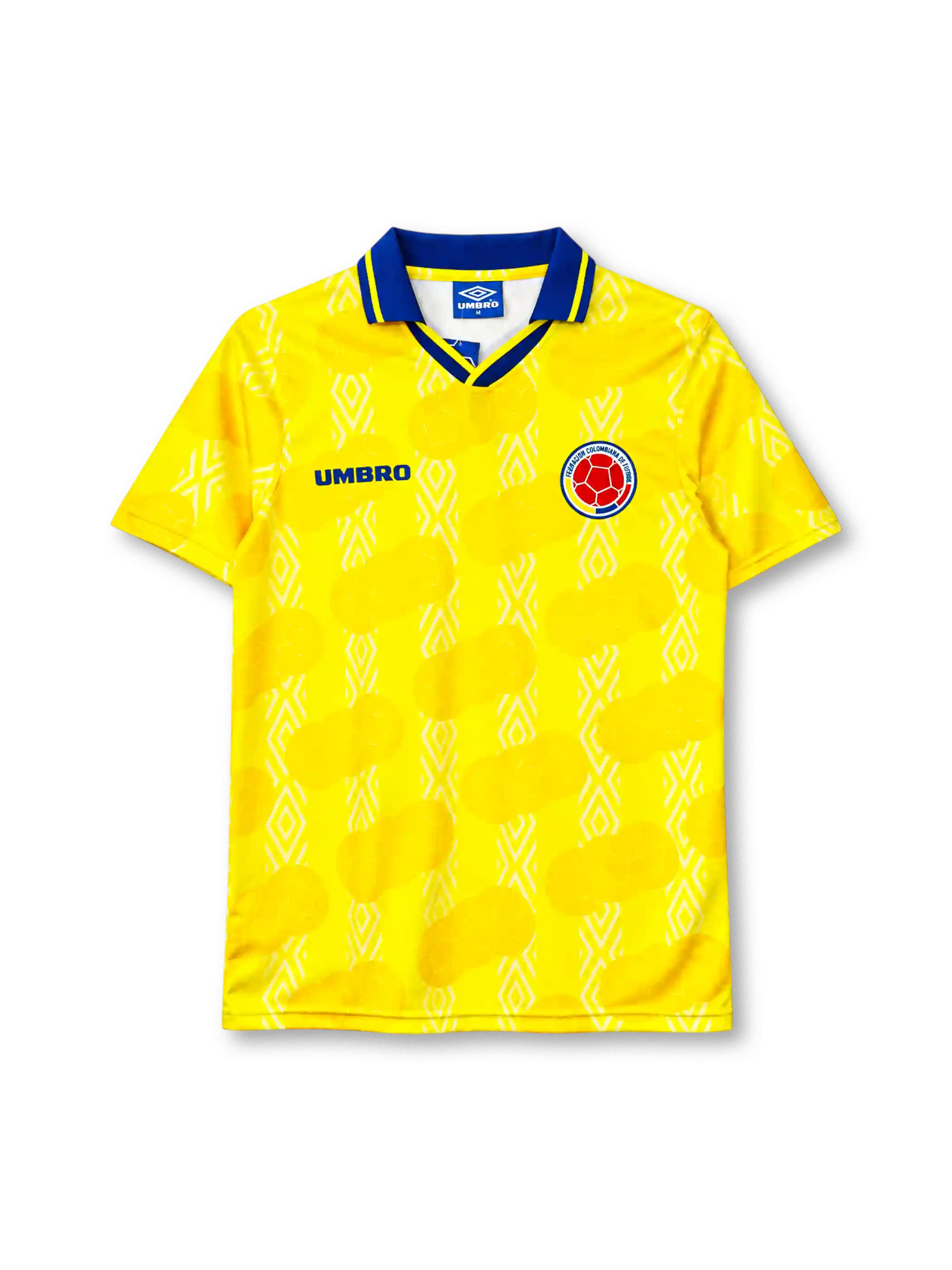 Colombia 1995 home jersey, front view, bright yellow body with white diamond jacquard and deeper yellow football-panel print, royal blue polo collar with yellow tipping, blue UMBRO wordmark on right chest, Colombian Football Federation crest on left chest