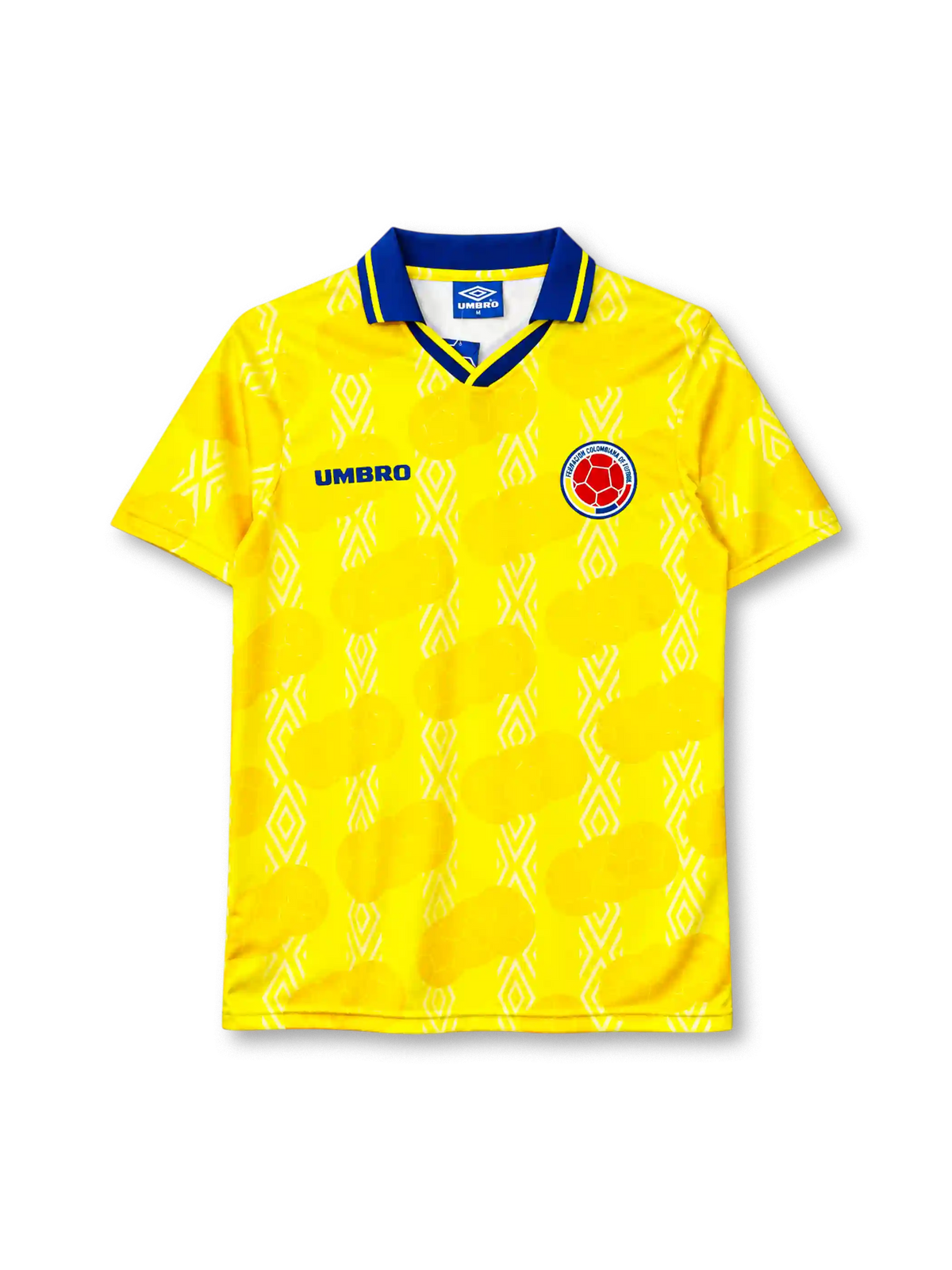 Colombia 1995 home jersey, front view, bright yellow body with white diamond jacquard and deeper yellow football-panel print, royal blue polo collar with yellow tipping, blue UMBRO wordmark on right chest, Colombian Football Federation crest on left chest