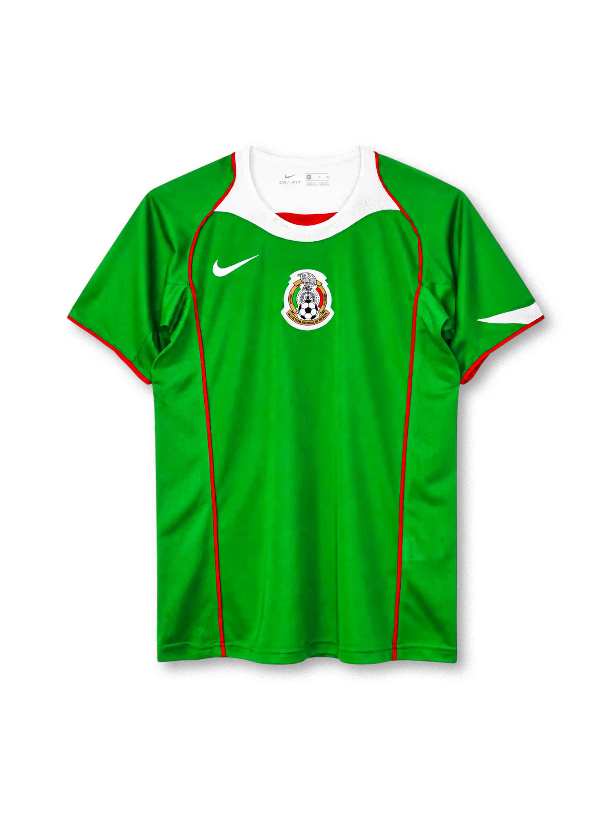 Mexico 2004 home jersey, front view, green body, white curved collar yoke with red trim, red piping down the front, white Nike swoosh on right chest, Mexican Football Federation crest centred on chest, red sleeve trim, white accent on left sleeve