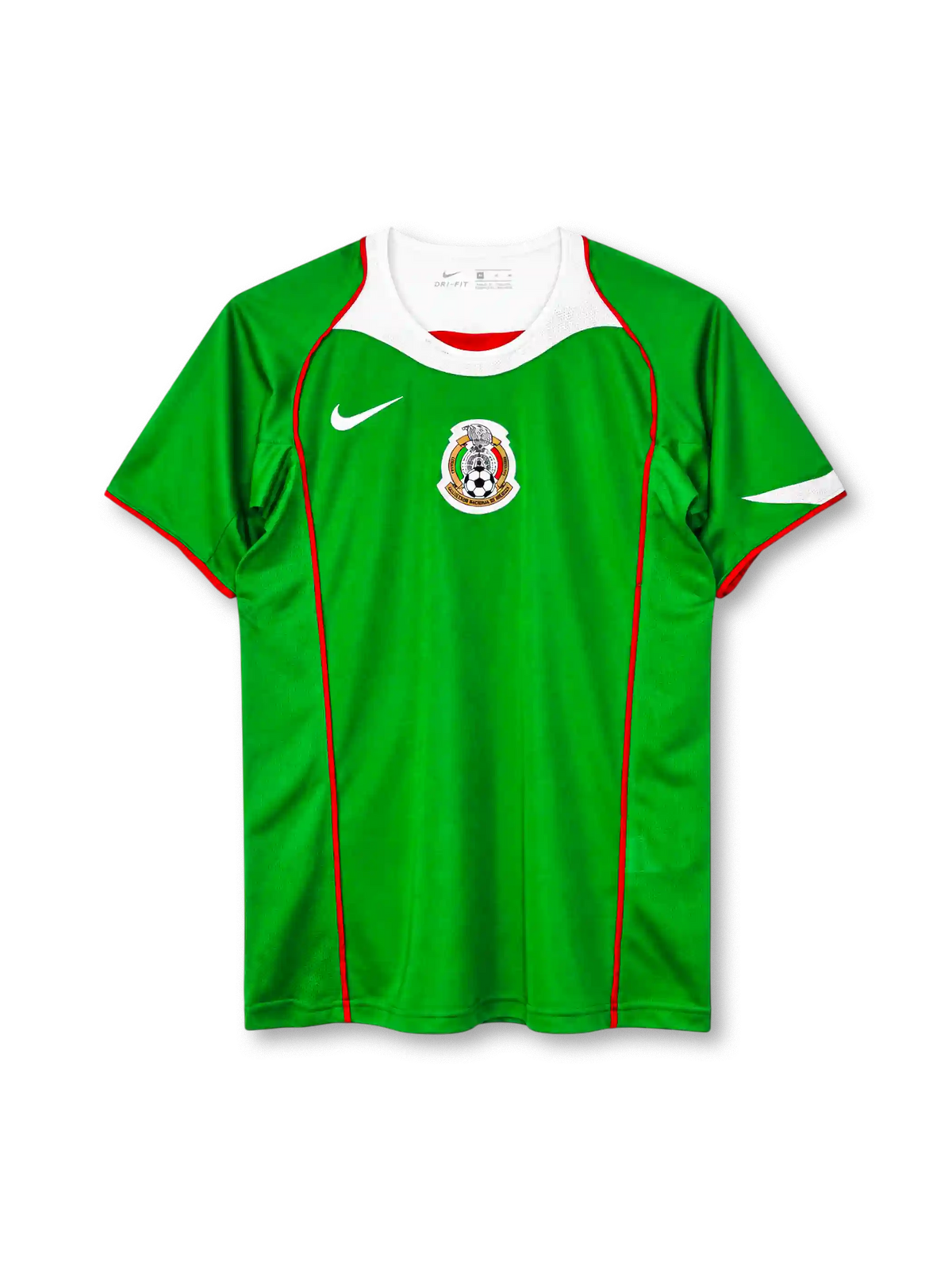 Mexico 2004 home jersey, front view, green body, white curved collar yoke with red trim, red piping down the front, white Nike swoosh on right chest, Mexican Football Federation crest centred on chest, red sleeve trim, white accent on left sleeve