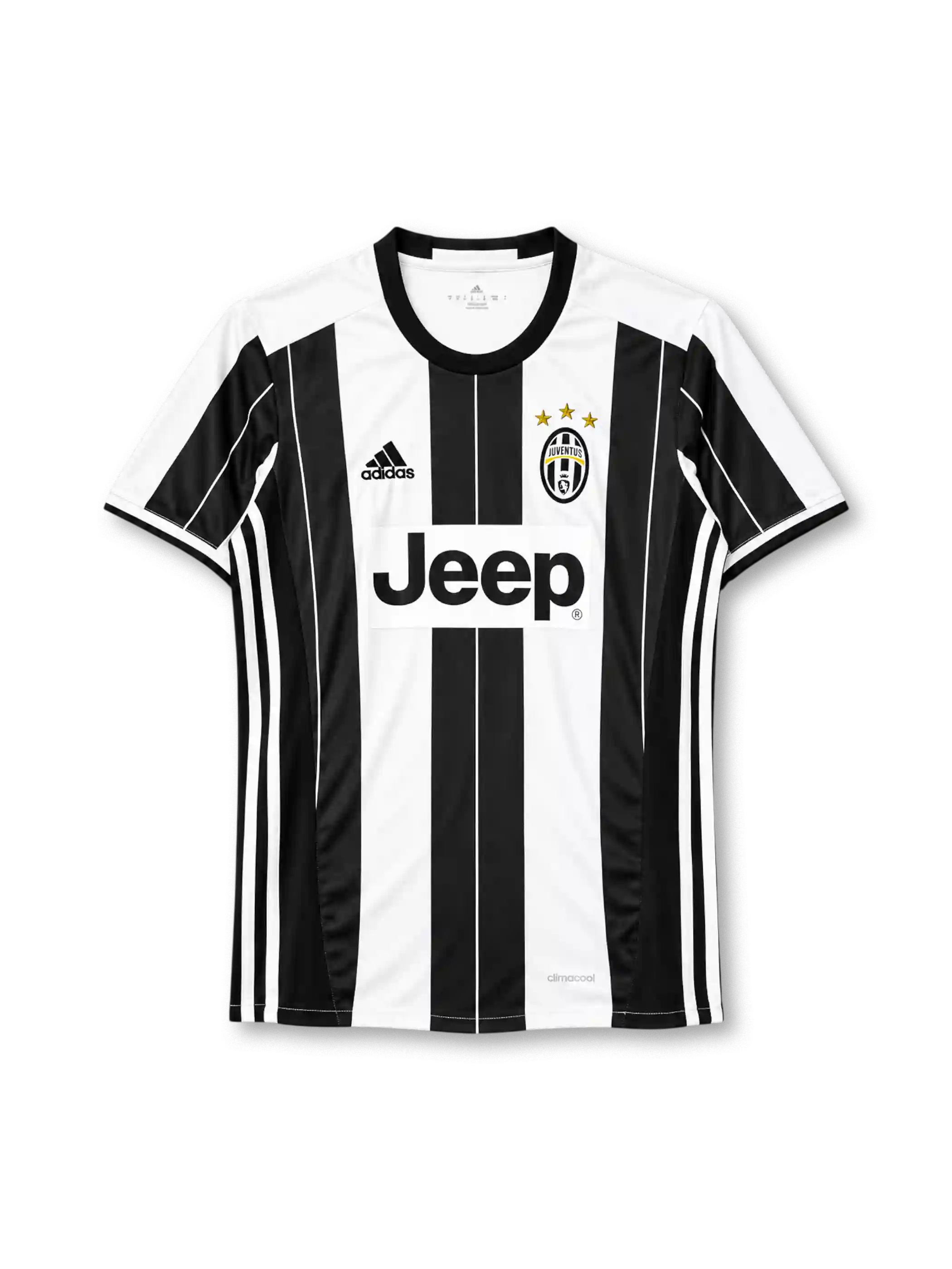 Juventus 2016-17 home jersey, front view, black and white vertical stripes with fine pinstripes, black crew neck collar, black side panels with three white stripes, black adidas logo on right chest, oval Juventus crest with three gold stars on left chest, black JEEP lettering on white chest panel, climacool print at hem