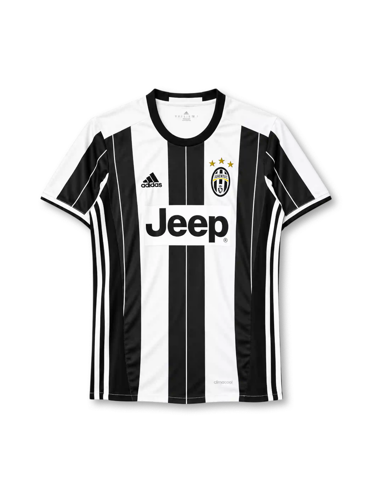 Juventus 2016-17 home jersey, front view, black and white vertical stripes with fine pinstripes, black crew neck collar, black side panels with three white stripes, black adidas logo on right chest, oval Juventus crest with three gold stars on left chest, black JEEP lettering on white chest panel, climacool print at hem