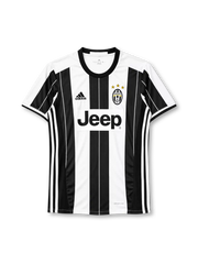 Juventus 2016-17 home jersey, front view, black and white vertical stripes with fine pinstripes, black crew neck collar, black side panels with three white stripes, black adidas logo on right chest, oval Juventus crest with three gold stars on left chest, black JEEP lettering on white chest panel, climacool print at hem