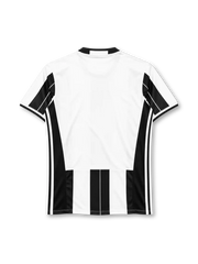 Juventus 2016-17 home jersey, front view, black and white vertical stripes with fine pinstripes, black crew neck collar, black side panels with three white stripes, black adidas logo on right chest, oval Juventus crest with three gold stars on left chest, black JEEP lettering on white chest panel, climacool print at hem