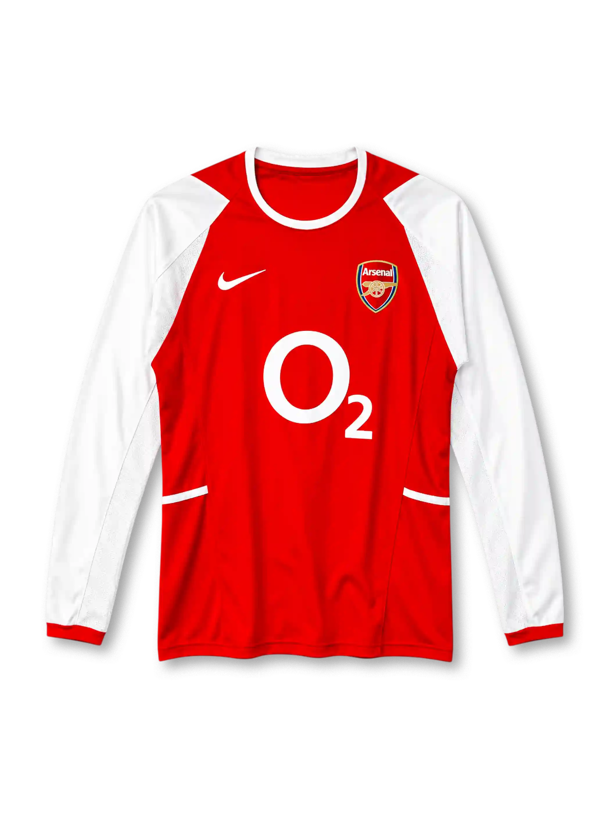 Arsenal 2002-04 home long sleeve jersey, front view, red body, white raglan long sleeves with mesh panels, white crew neck collar, red ribbed cuffs, white Nike swoosh on right chest, Arsenal cannon crest on left chest, white O2 sponsor logo, white side tabs