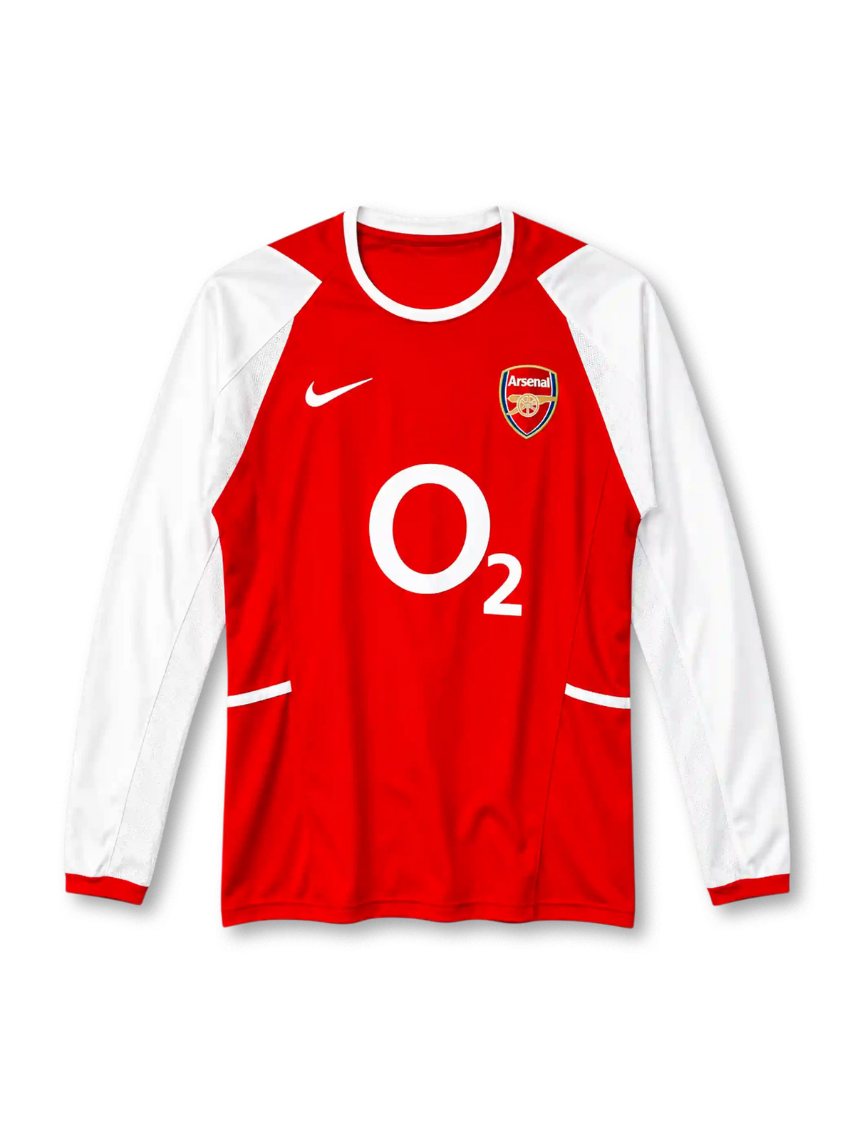 Arsenal 2002-04 home long sleeve jersey, front view, red body, white raglan long sleeves with mesh panels, white crew neck collar, red ribbed cuffs, white Nike swoosh on right chest, Arsenal cannon crest on left chest, white O2 sponsor logo, white side tabs