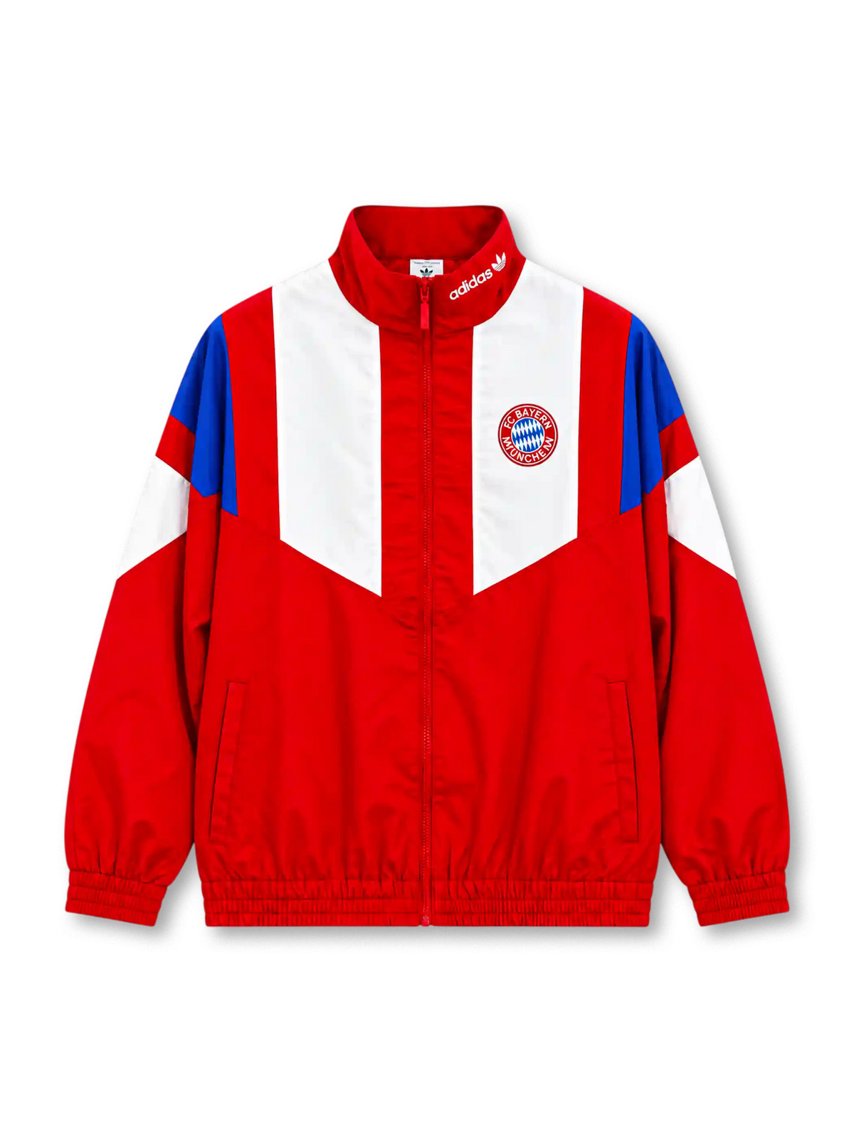 adidas Originals Bayern Munich 2026-27 EQT track jacket in red, white, and blue, featuring a high stand-up collar, full front zip, white Trefoil branding, and the FC Bayern München crest.