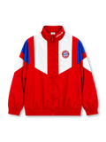 adidas Originals Bayern Munich 2026-27 EQT track jacket in red, white, and blue, featuring a high stand-up collar, full front zip, white Trefoil branding, and the FC Bayern München crest.