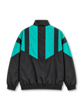 Back view of the Liverpool FC 2026-27 adidas EQT track jacket in black and turquoise, featuring bold geometric color-block panels, a high stand-up collar, long sleeves, elasticated cuffs, and a ribbed hem.