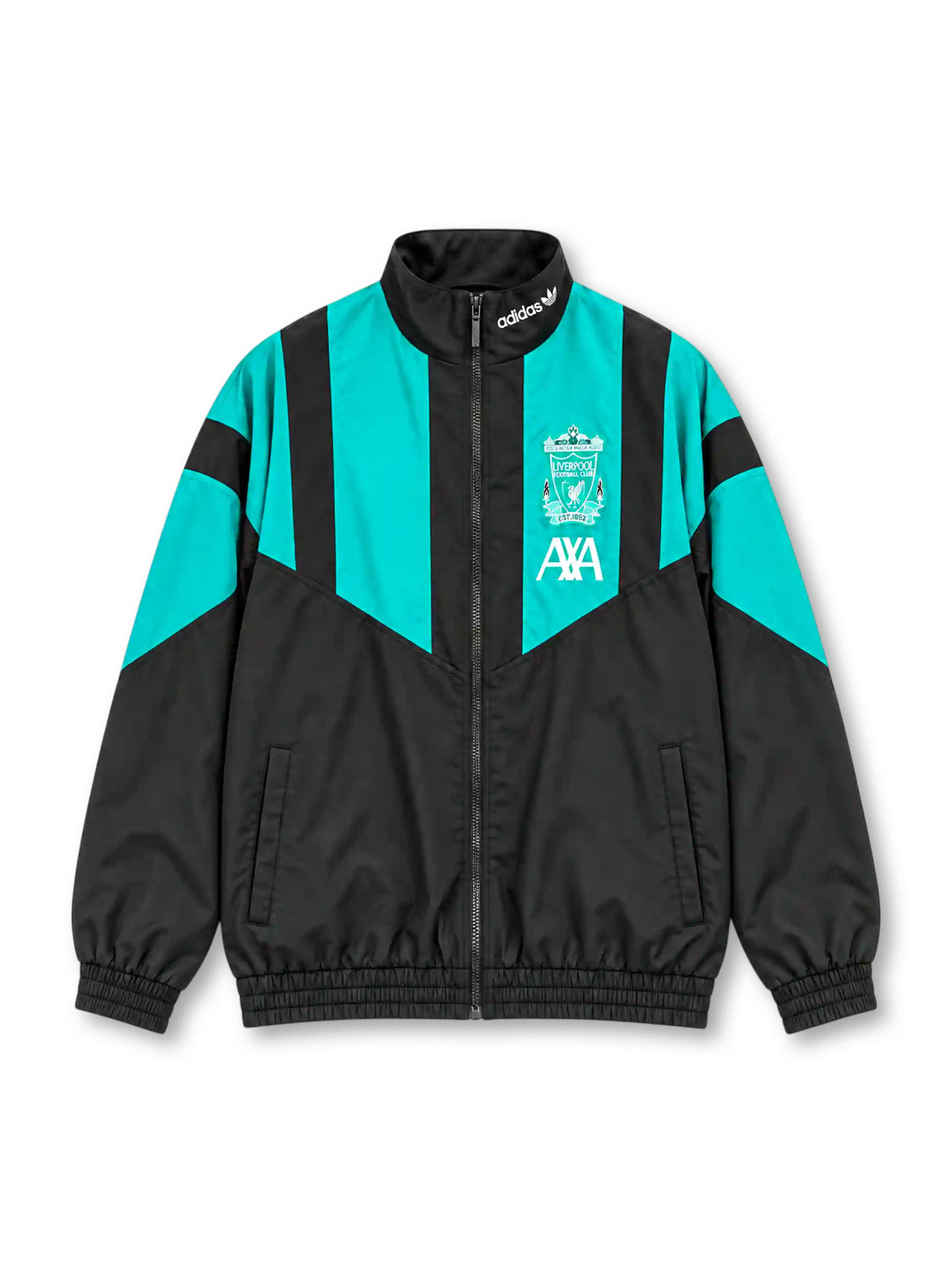 Back view of the Liverpool FC 2026-27 adidas EQT track jacket in black and turquoise, featuring bold geometric color-block panels, a high stand-up collar, long sleeves, elasticated cuffs, and a ribbed hem.