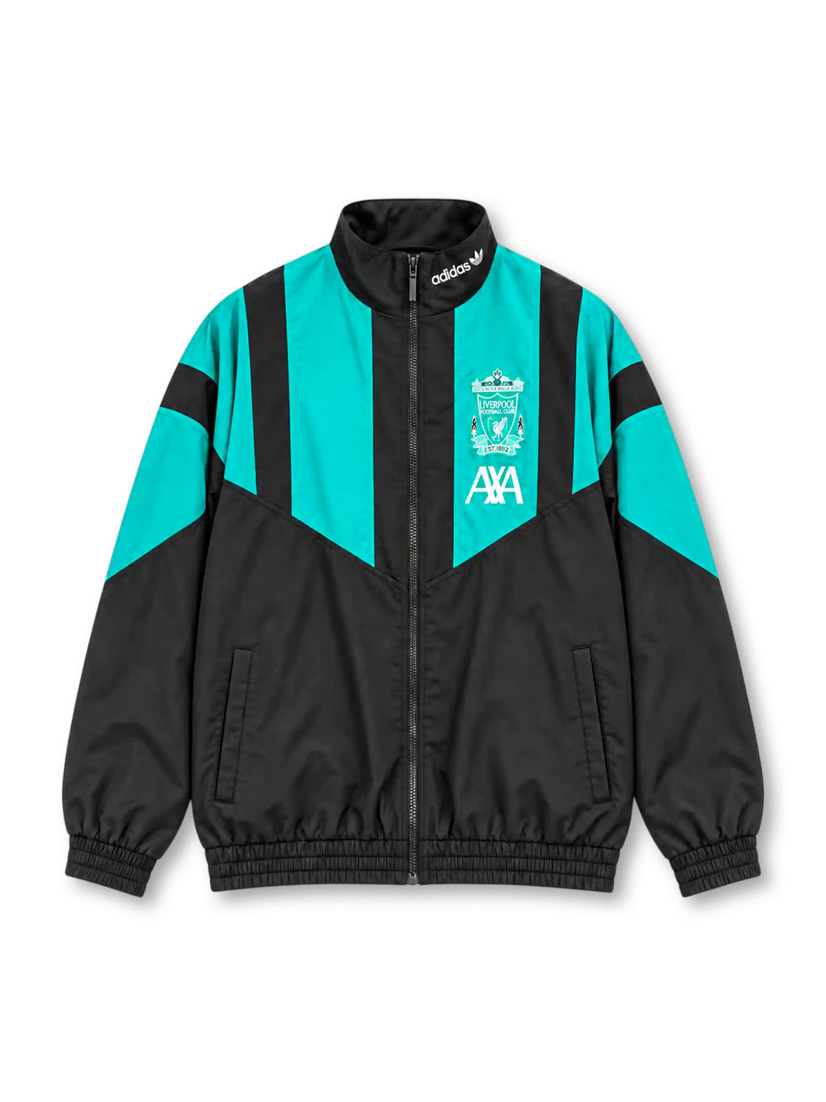 Back view of the Liverpool FC 2026-27 adidas EQT track jacket in black and turquoise, featuring bold geometric color-block panels, a high stand-up collar, long sleeves, elasticated cuffs, and a ribbed hem.