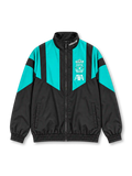Back view of the Liverpool FC 2026-27 adidas EQT track jacket in black and turquoise, featuring bold geometric color-block panels, a high stand-up collar, long sleeves, elasticated cuffs, and a ribbed hem.