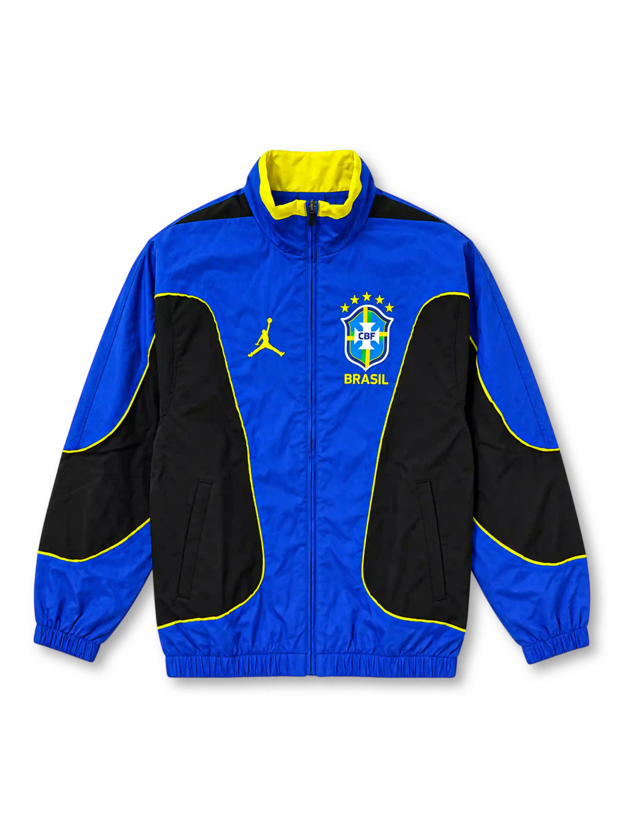Brazil 2026 Jordan National Team track jacket in royal blue and black with yellow piping, featuring a high stand-up collar, full front zipper, yellow Jumpman logo, and five-star CBF crest.