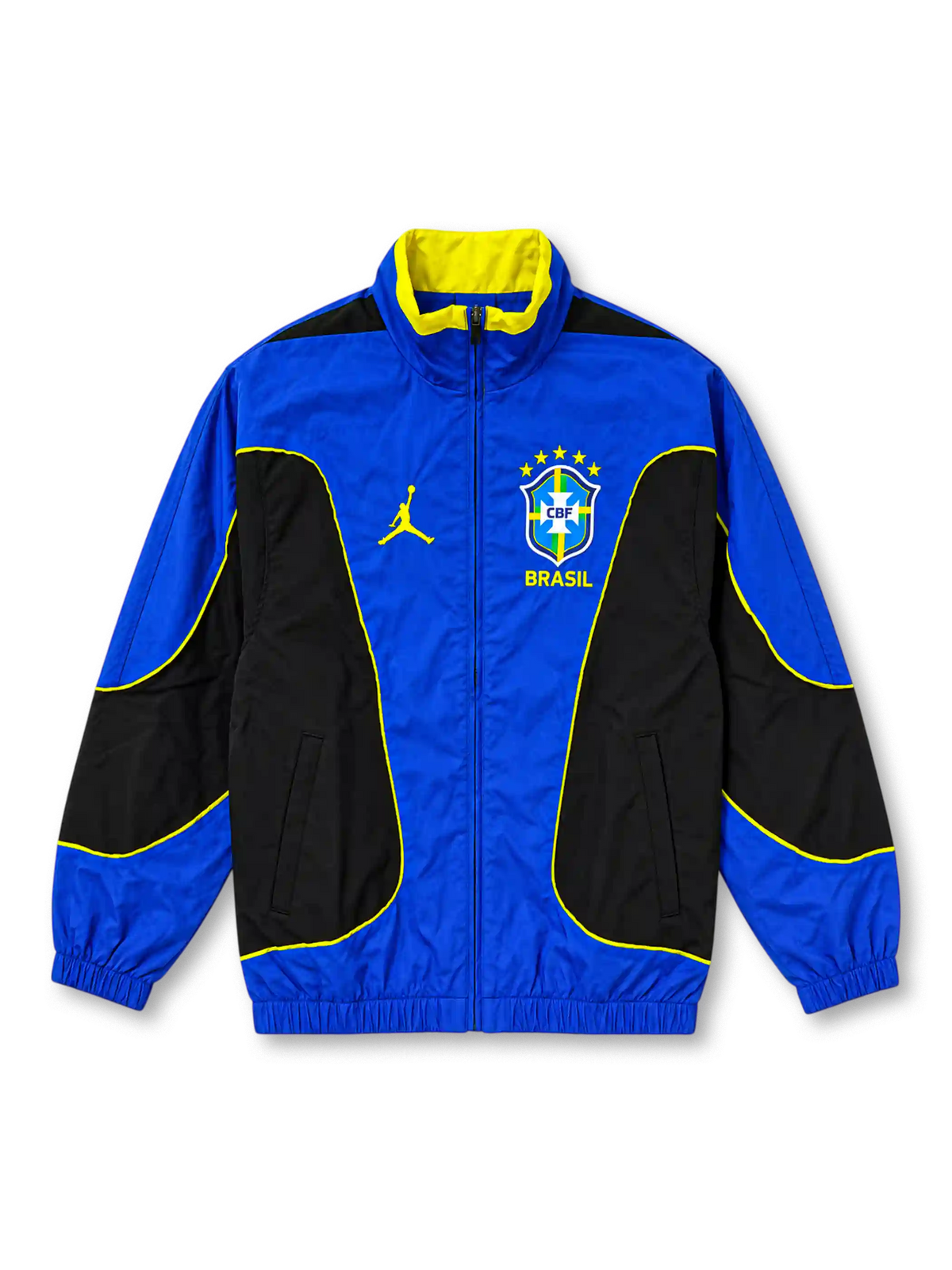 Brazil 2026 Jordan National Team track jacket in royal blue and black with yellow piping, featuring a high stand-up collar, full front zipper, yellow Jumpman logo, and five-star CBF crest.