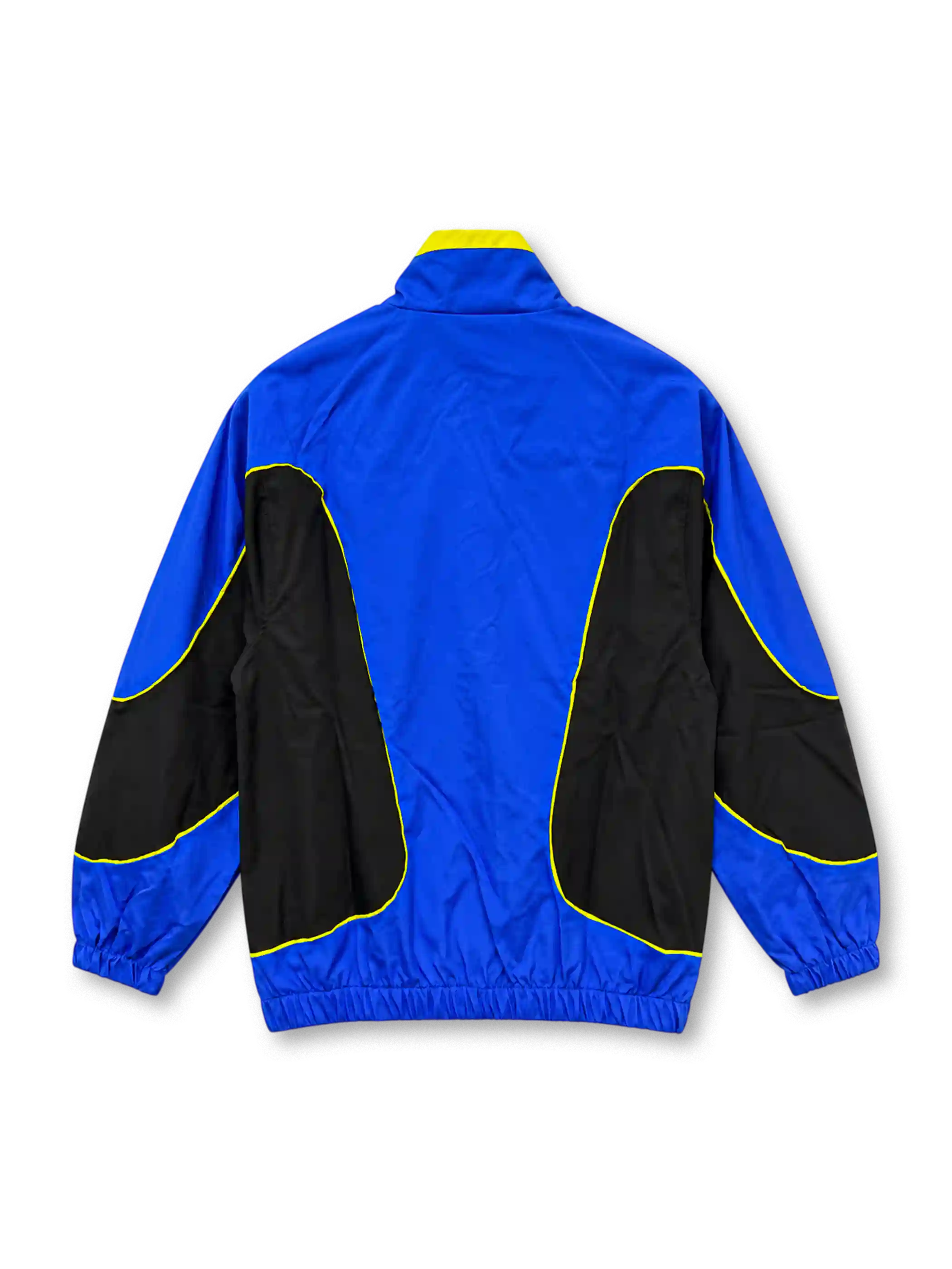 Brazil 2026 Jordan National Team track jacket in royal blue and black with yellow piping, featuring a high stand-up collar, full front zipper, yellow Jumpman logo, and five-star CBF crest.