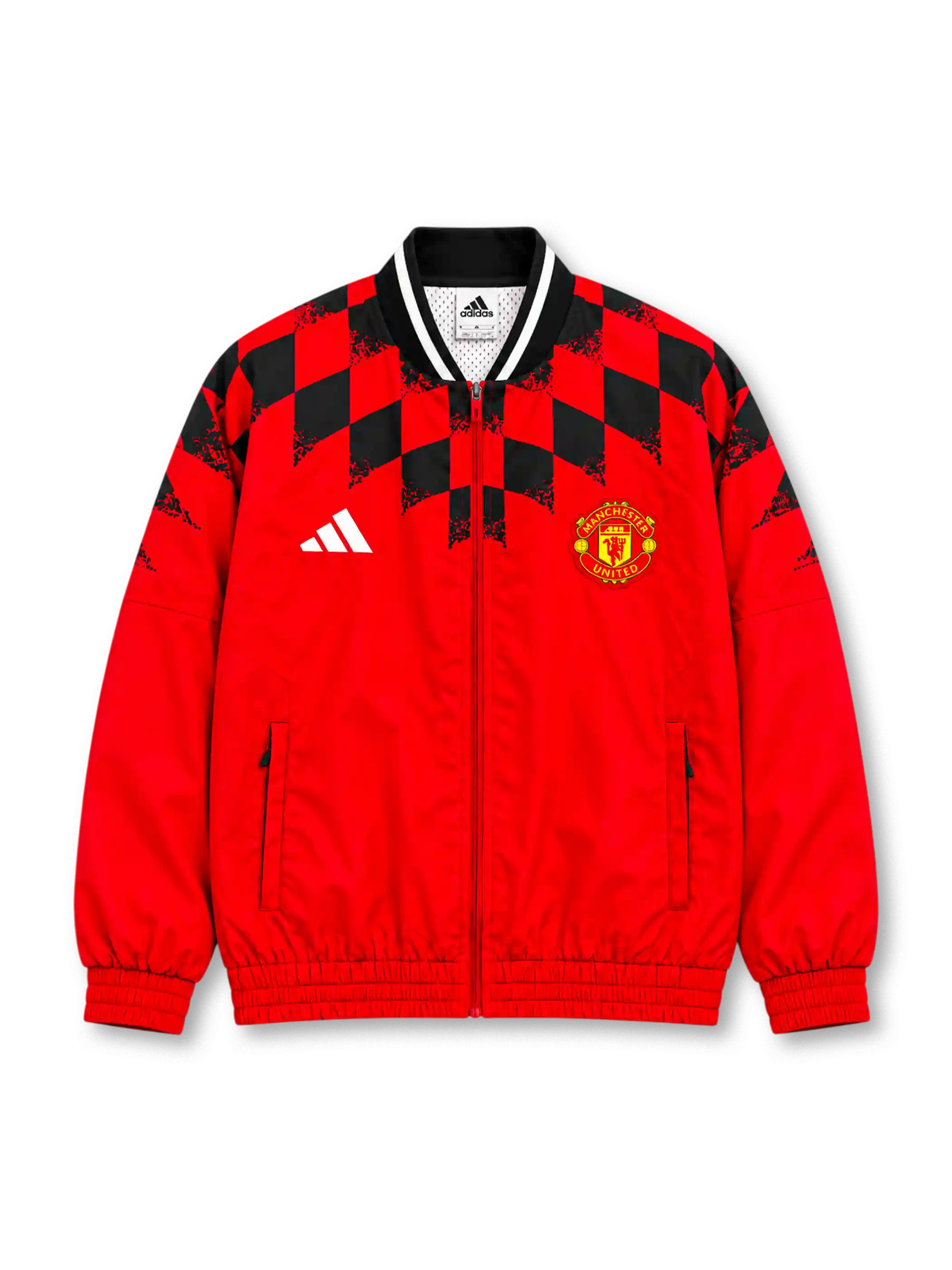 Manchester United 2026/27 red and black adidas Stadium track jacket featuring bold geometric checkerboard graphics, a white adidas logo, full-colour club crest, stand-up collar, and full-length front zipper.