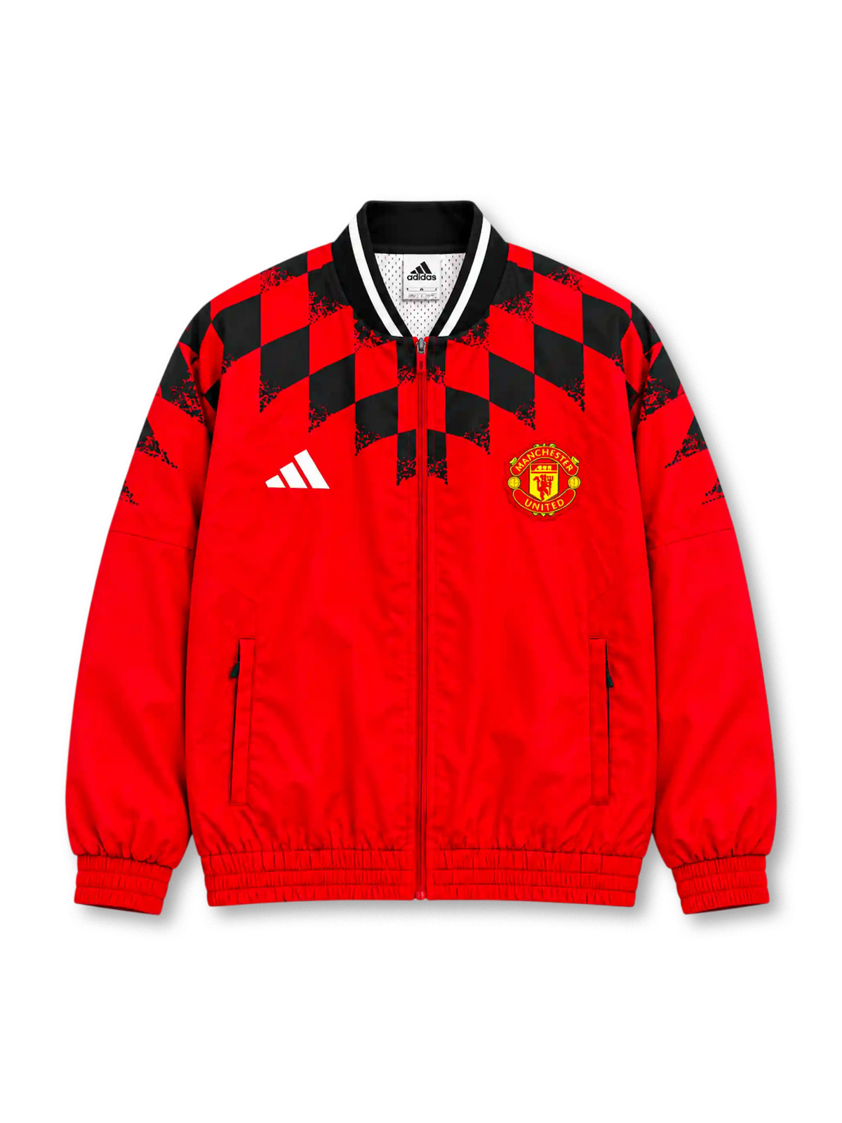 Manchester United 2026/27 red and black adidas Stadium track jacket featuring bold geometric checkerboard graphics, a white adidas logo, full-colour club crest, stand-up collar, and full-length front zipper.