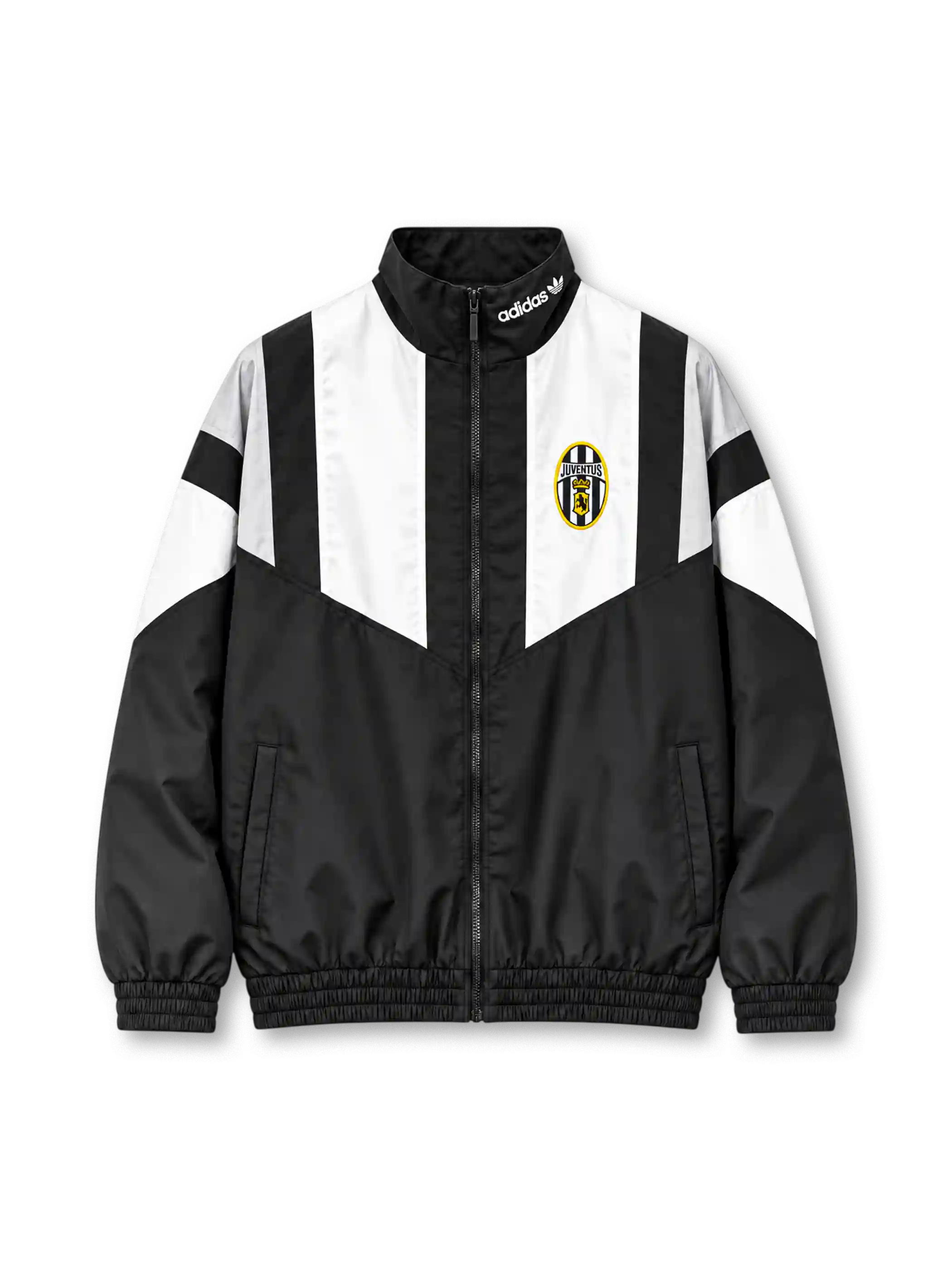Front view of the Juventus 2026/27 adidas Originals EQT track jacket in black with white geometric chest and sleeve panels, a vintage oval Juventus crest, black stand-up collar with white adidas Trefoil branding, full zipper, and elasticated cuffs.