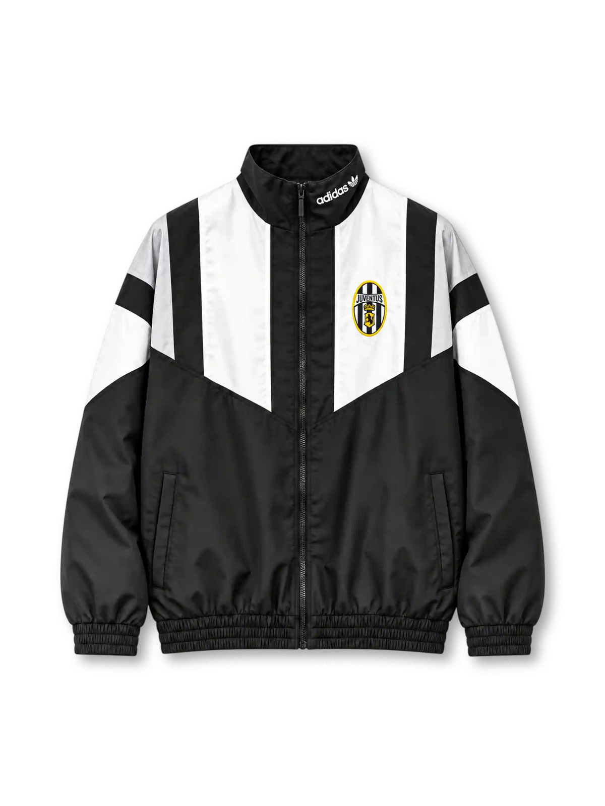 Front view of the Juventus 2026/27 adidas Originals EQT track jacket in black with white geometric chest and sleeve panels, a vintage oval Juventus crest, black stand-up collar with white adidas Trefoil branding, full zipper, and elasticated cuffs.