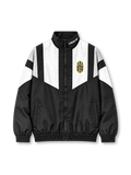 Front view of the Juventus 2026/27 adidas Originals EQT track jacket in black with white geometric chest and sleeve panels, a vintage oval Juventus crest, black stand-up collar with white adidas Trefoil branding, full zipper, and elasticated cuffs.