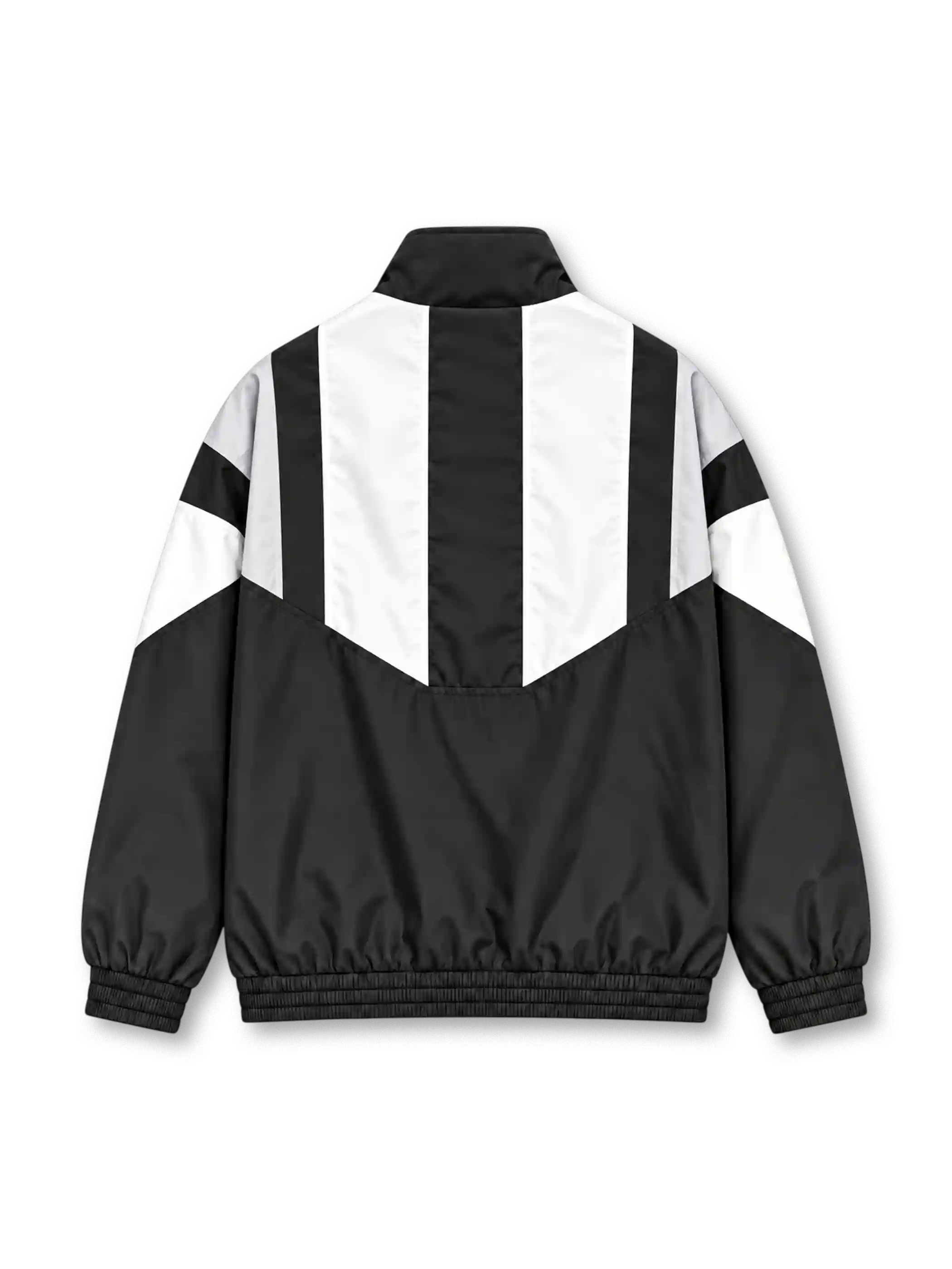 Front view of the Juventus 2026/27 adidas Originals EQT track jacket in black with white geometric chest and sleeve panels, a vintage oval Juventus crest, black stand-up collar with white adidas Trefoil branding, full zipper, and elasticated cuffs.