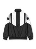 Front view of the Juventus 2026/27 adidas Originals EQT track jacket in black with white geometric chest and sleeve panels, a vintage oval Juventus crest, black stand-up collar with white adidas Trefoil branding, full zipper, and elasticated cuffs.