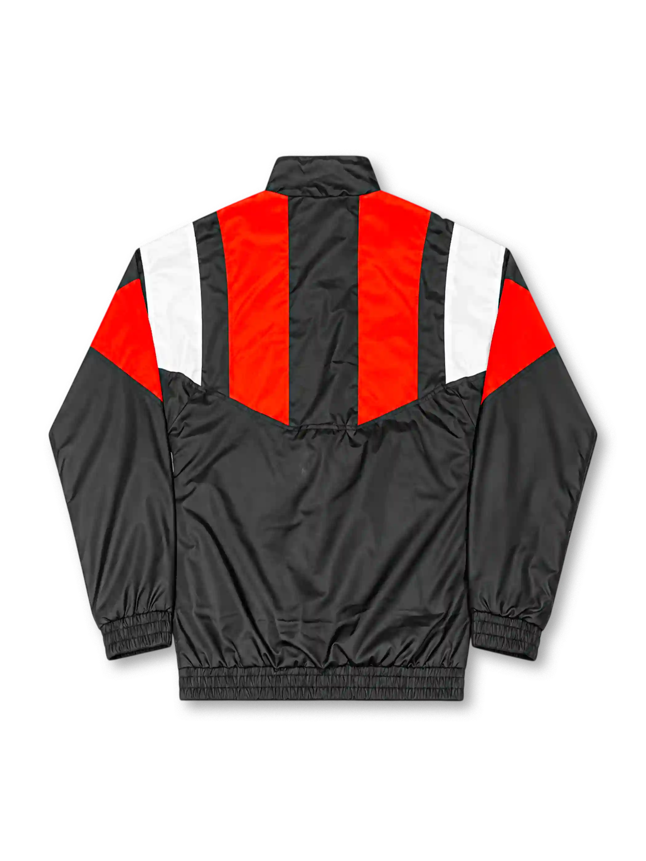 Back view of a Sevilla FC EQT-style track jacket featuring a black body, red and white geometric shoulder panels, black stand-up collar, long sleeves, and elasticated cuffs and hem.