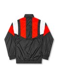Back view of a Sevilla FC EQT-style track jacket featuring a black body, red and white geometric shoulder panels, black stand-up collar, long sleeves, and elasticated cuffs and hem.