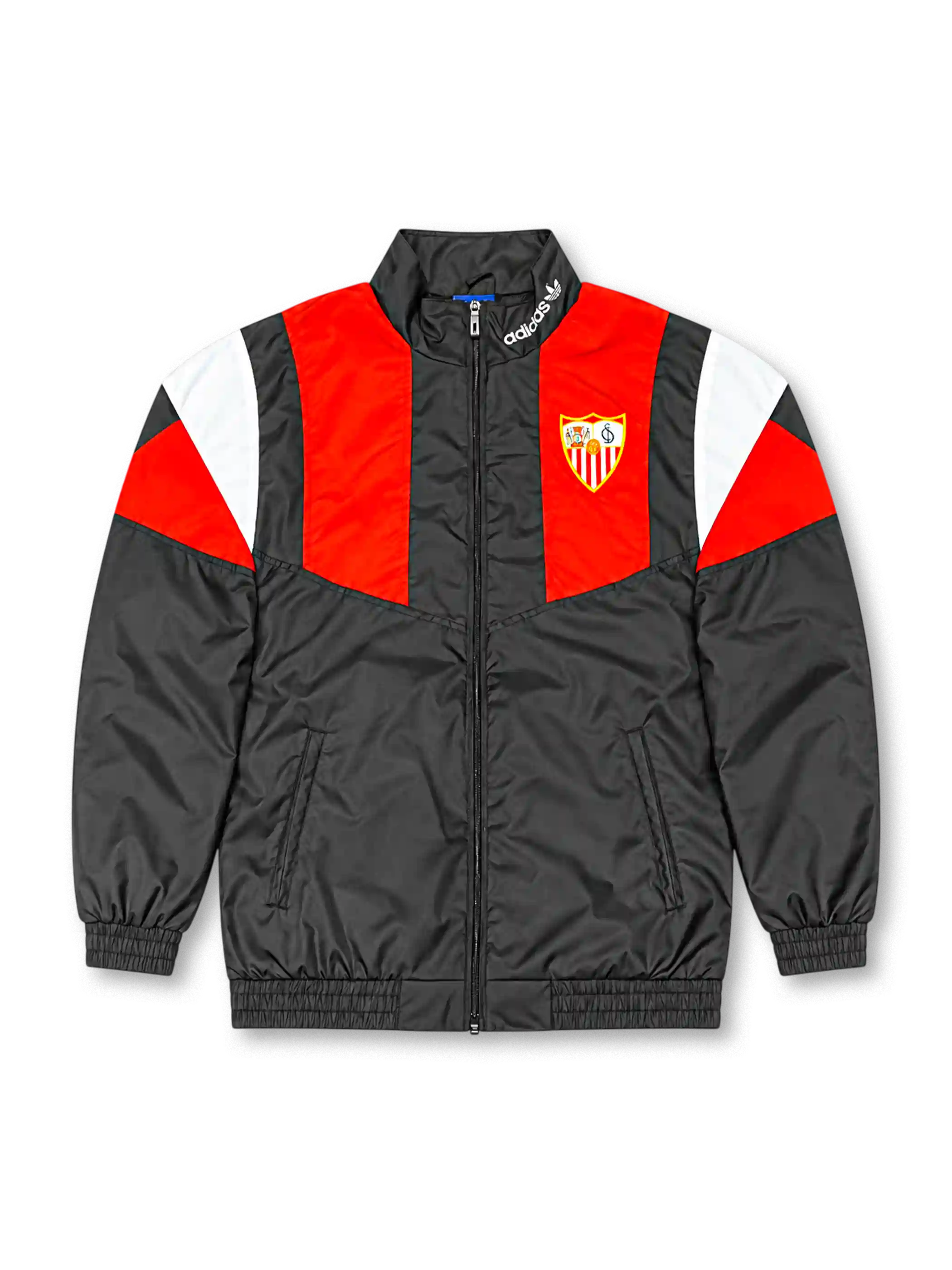 Back view of a Sevilla FC EQT-style track jacket featuring a black body, red and white geometric shoulder panels, black stand-up collar, long sleeves, and elasticated cuffs and hem.