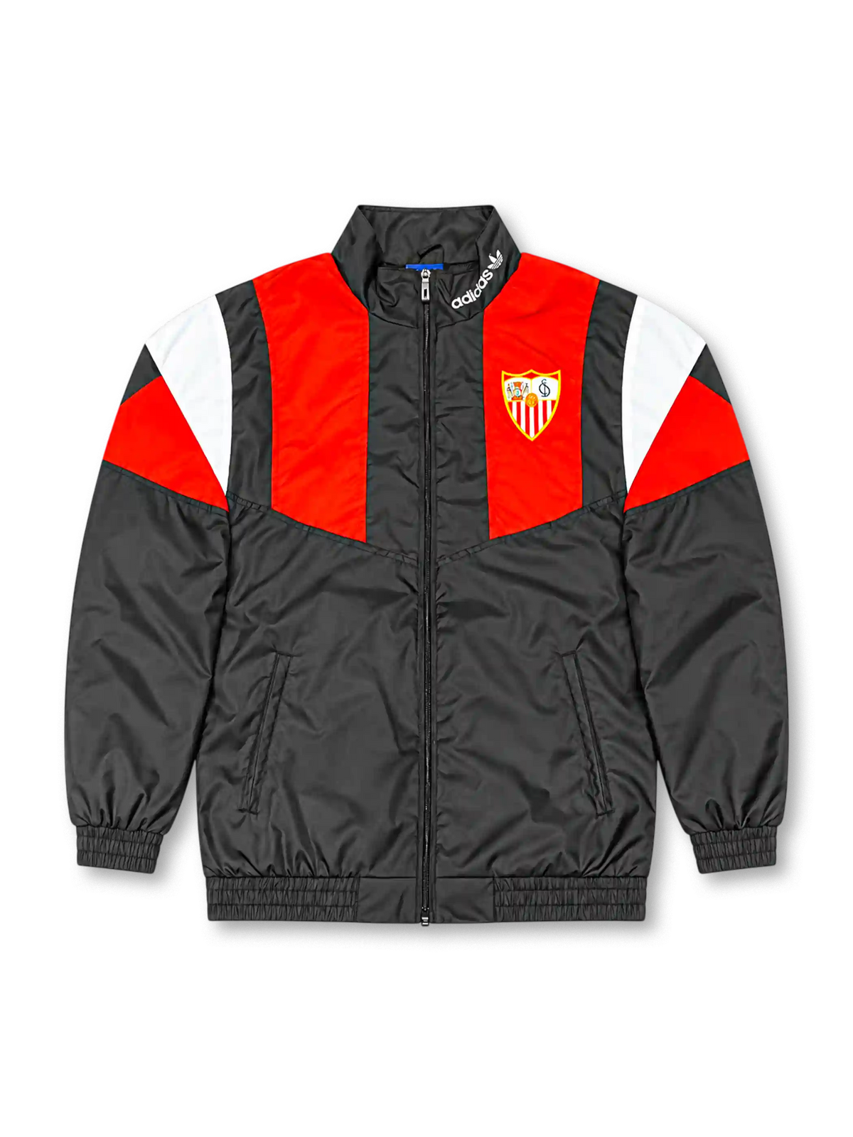 Back view of a Sevilla FC EQT-style track jacket featuring a black body, red and white geometric shoulder panels, black stand-up collar, long sleeves, and elasticated cuffs and hem.