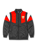 Back view of a Sevilla FC EQT-style track jacket featuring a black body, red and white geometric shoulder panels, black stand-up collar, long sleeves, and elasticated cuffs and hem.