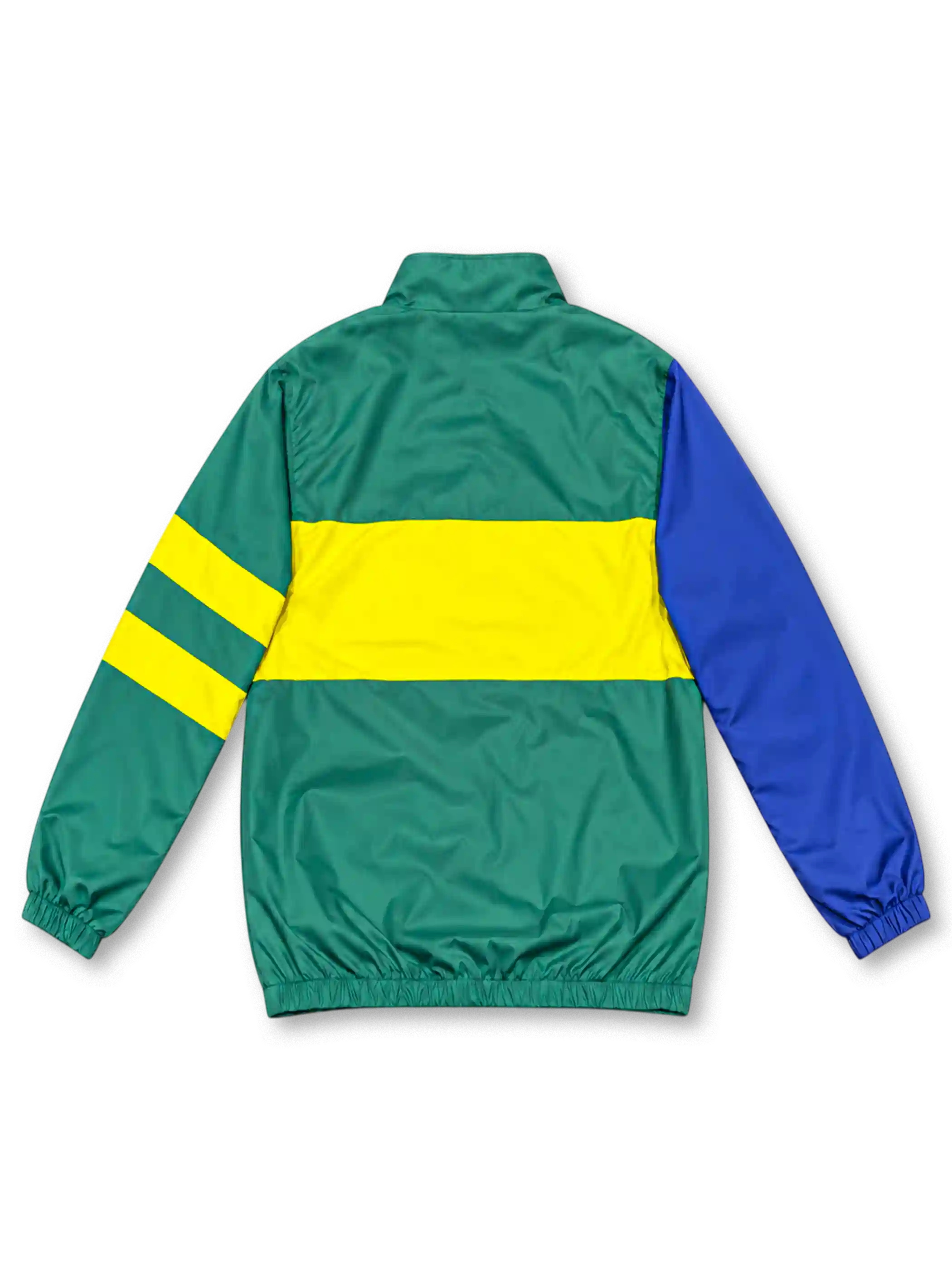 Front view of a Brazil national team retro track jacket featuring a deep green body, bright yellow chest band, royal blue left sleeve, yellow-striped right sleeve, green Nike Swoosh, five-star CBF crest, full zipper, and stand-up collar.