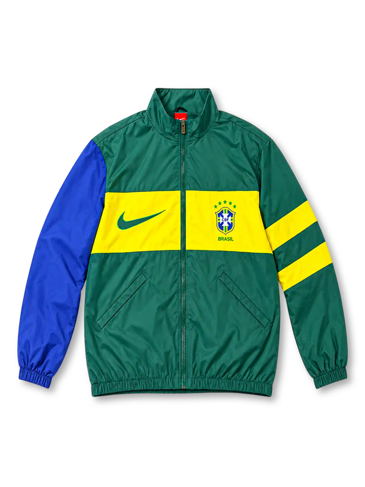 Front view of a Brazil national team retro track jacket featuring a deep green body, bright yellow chest band, royal blue left sleeve, yellow-striped right sleeve, green Nike Swoosh, five-star CBF crest, full zipper, and stand-up collar.