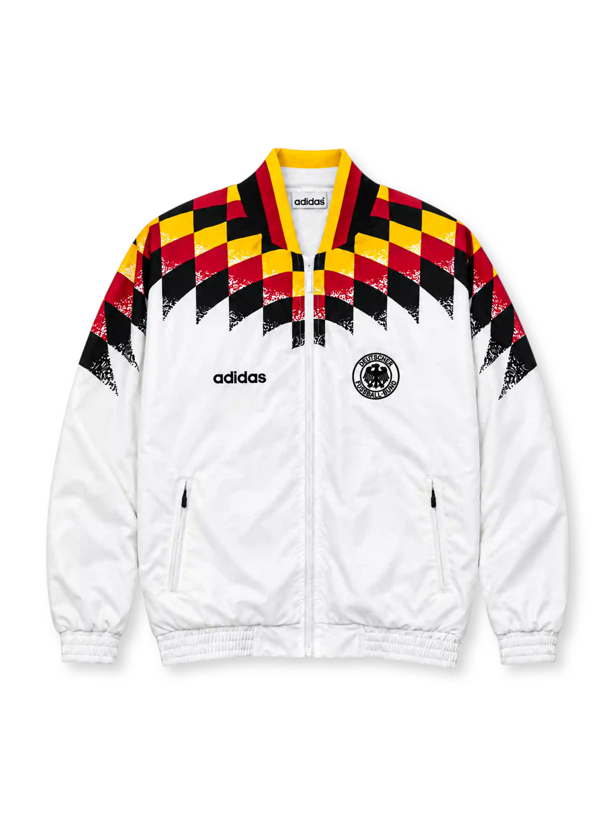 Front view of the Germany 1994 retro adidas track jacket in white with black, red, and yellow geometric shoulder graphics, a black DFB crest, adidas wordmark, high collar, full-length zipper, and elasticated cuffs.