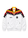 Front view of the Germany 1994 retro adidas track jacket in white with black, red, and yellow geometric shoulder graphics, a black DFB crest, adidas wordmark, high collar, full-length zipper, and elasticated cuffs.