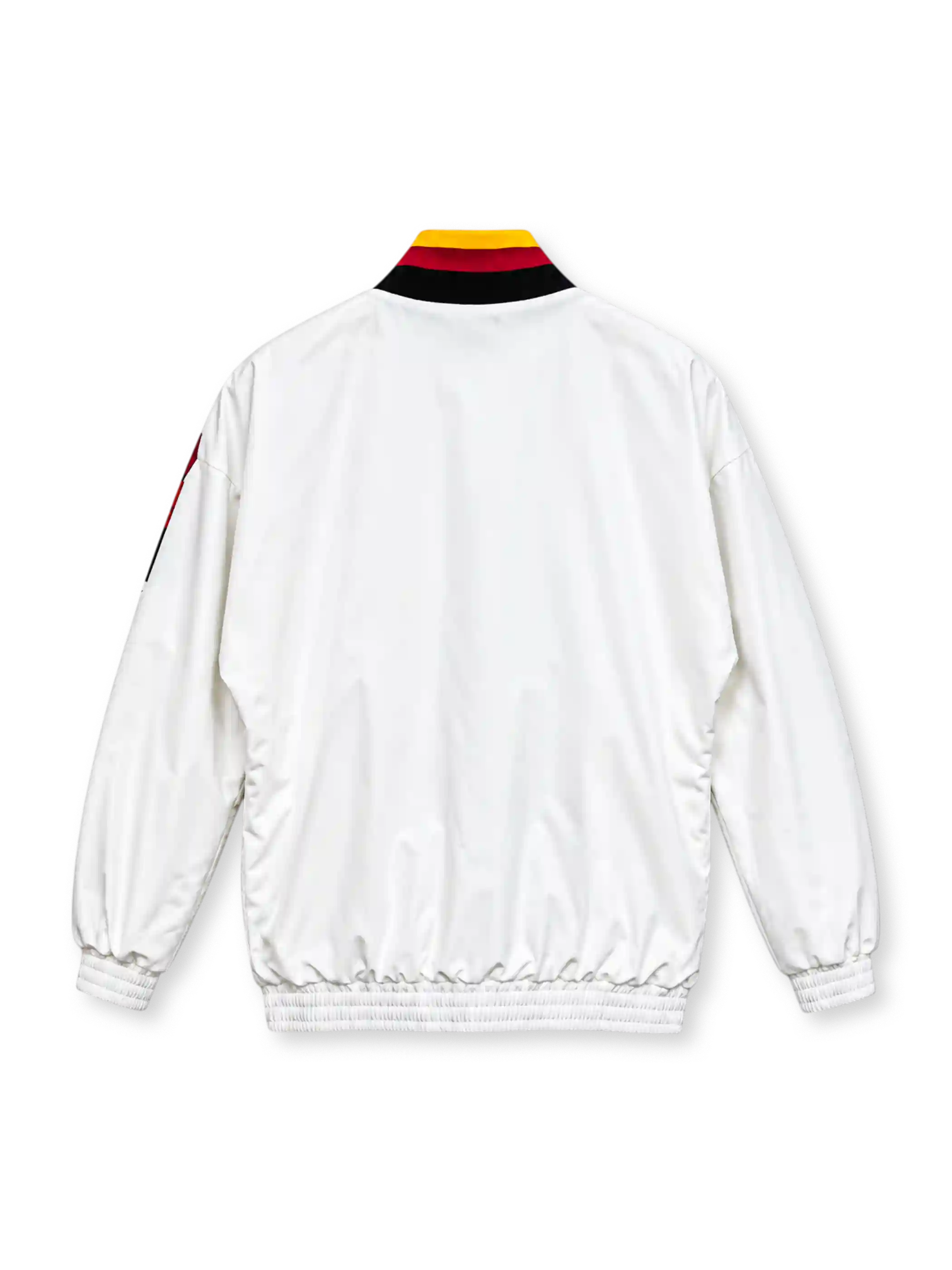 Front view of the Germany 1994 retro adidas track jacket in white with black, red, and yellow geometric shoulder graphics, a black DFB crest, adidas wordmark, high collar, full-length zipper, and elasticated cuffs.